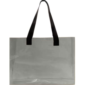 A clear PVC tote bag with black handles, showcasing a simple, minimalist design.