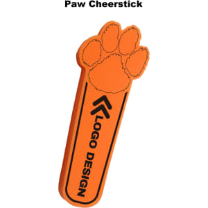 An orange cheerstick shaped like a paw, featuring a paw print design and a logo.