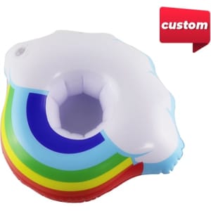 An inflatable cup holder featuring a multicoloured rainbow design with a white cloud shape. It has a branding logo.