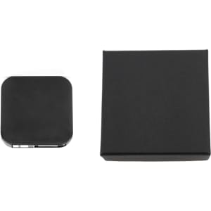 A black retractable charging cable with a phone stand, next to a matching black box for packaging.