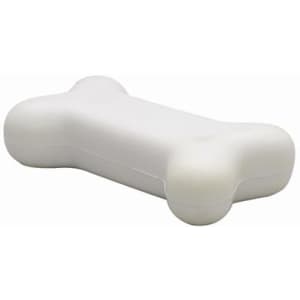 A white bone-shaped stress reliever with a smooth surface, featuring a logo on one side.