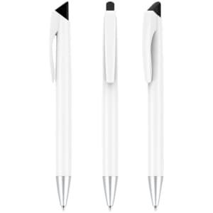 A set of three sleek gray pens featuring a white body and black accents, each with a clip and a silver tip.