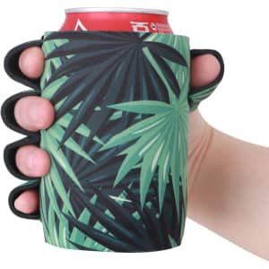 A drink bottle holder with a tropical green leaf design, featuring finger holes for grip and a fitted top.