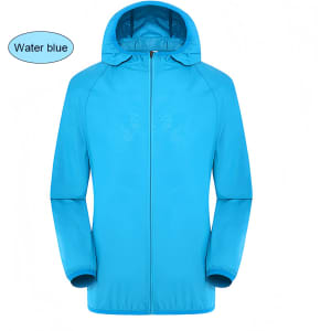 A water blue unisex adult jacket made of 100% polyester, featuring a hood and sun protection. It has a logo.
