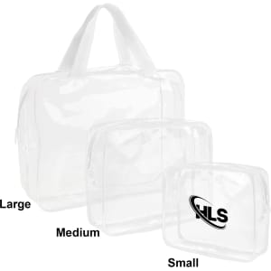 A clear toiletry bag set featuring large and medium sizes, along with a small bag, all with white handles.