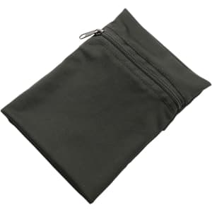 A compact, black wallet with a zip closure, featuring a smooth fabric finish and a small logo.