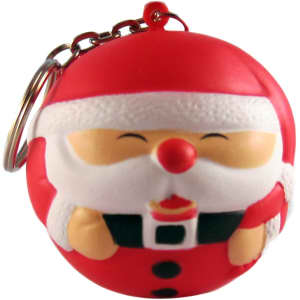 A red and white Santa figure keyring stress reliever with a smiling face and raised details, featuring a metal keyring attachment.