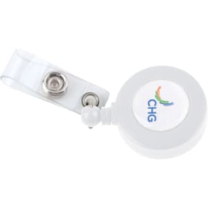 A round retractable card holder in white with a clear strap and a logo on the front.