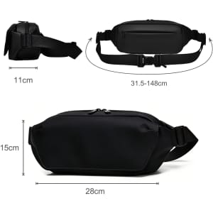 A black fanny pack with adjustable straps, measuring 28cm x 15cm x 11cm, featuring a logo.