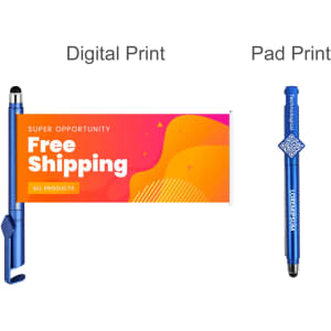A blue pen with a QR code design and a banner attached, featuring vibrant colours and an abstract pattern.