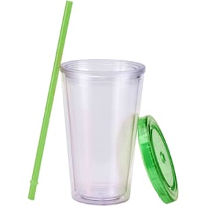 A clear plastic cup with a green lid and straw, suitable for drinks.