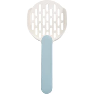 A cat litter scoop with a white head and a light blue handle, featuring a slotted design for easy scooping.