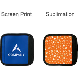 A neoprene luggage grip in blue with a logo on one side and orange with a paw print pattern on the other.