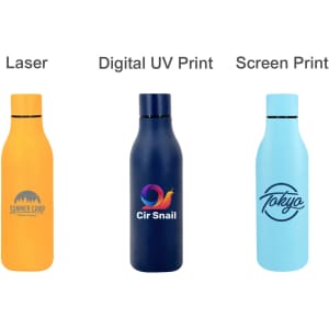 A drink bottle in orange, navy, and light blue, featuring various prints and a logo on each.