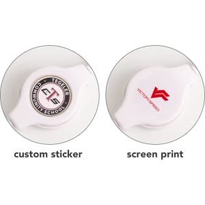 A retractable earbuds headset in white featuring a custom sticker on one side and screen print on the other.