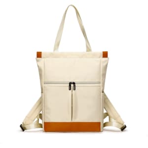A cream convertible nylon backpack with brown accents and adjustable straps, featuring a front zippered pocket.