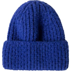 A blue twisted cable cuffed beanie with a textured pattern and a folded brim. It features a logo detail.