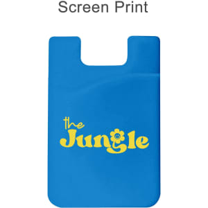 A blue silicone phone wallet featuring a yellow logo and a simple design, suitable for holding cards.