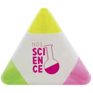 A triangular highlighter pen in yellow, pink, and green with a logo.