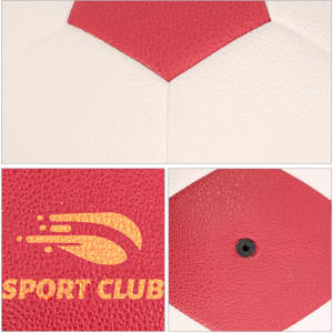 A white and red handball with a textured surface and a logo. The design features pentagonal panels.