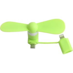 A green 2 in 1 smartphone fan with a connector for charging and use, featuring two propeller blades.