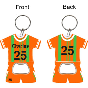 A drink bottle opener keyring shaped like an orange sports jersey with green stripes and a logo.