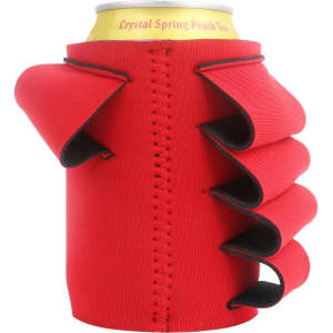 A drink can holder in vibrant red with decorative ruffles and a black trim, featuring a logo.