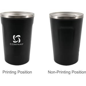 A stainless steel coffee mug in black with a silver rim, featuring a logo on one side.