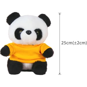 A plush toy panda wearing a yellow shirt, standing approximately 25 cm tall, with black and white fur.