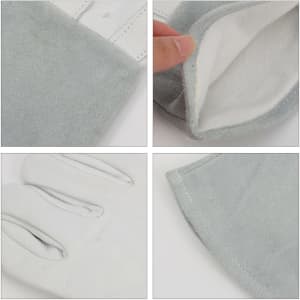 Heat resistant gloves in grey, featuring a soft interior and suede exterior, highlighted in four close-up views.