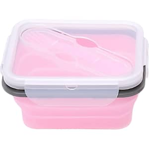 A reusable silicone food storage container in pink with a clear lid and a fork included. Features a logo.