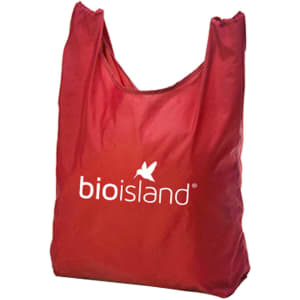 A red foldaway shopping tote bag with a logo on the front, featuring a soft, lightweight design.