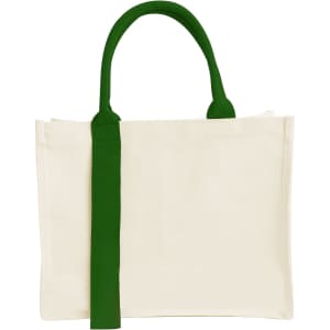 A cream horizontal canvas tote bag with green handles and a logo.