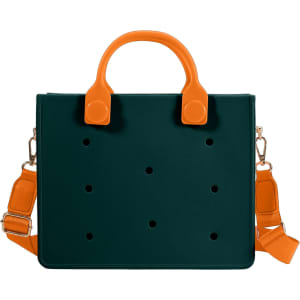 A dark green tote bag with orange handles and a detachable strap, featuring multiple hole patterns and a logo.