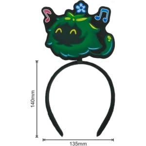 A custom felt headband featuring a green character with musical notes and flowers. Includes a branded logo.