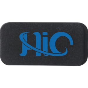 A black mini webcam cover with a logo printed in blue on the surface.