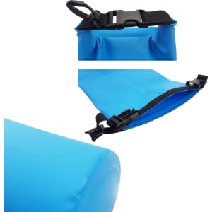 A waterproof dry bag in bright blue, featuring a secure clip closure and adjustable strap. It has a small logo.