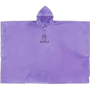 A purple reusable PEVA rain poncho with a hood and a logo on the front. Ideal for wet weather protection.