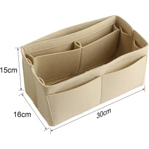 A beige felt bag organiser with multiple compartments and pockets, measuring 30cm x 16cm x 15cm.