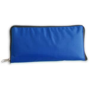 A blue foldable tote bag with a zip closure and a branding logo.