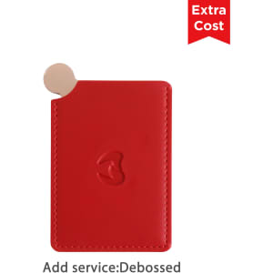 A red portable mirror with a rounded corner and a logo, designed for health and beauty use.