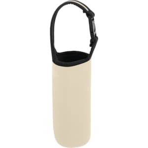 A drink bottle carrier pouch in beige with a black strap, featuring a simple, sleek design and a logo.