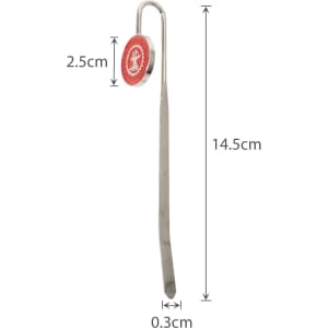 A metal bookmark with a round top and a slender, elongated hook, measuring 14.5 cm in length.
