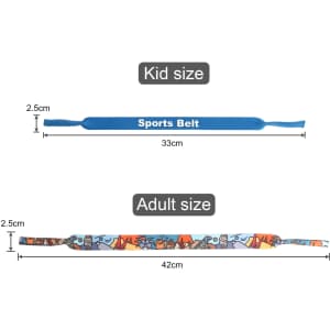 A blue sports belt for kids and a patterned sports belt for adults, both displayed with their sizes.