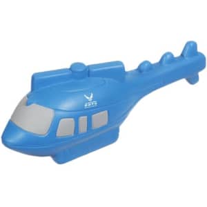 A blue helicopter-shaped stress reliever with a smooth surface and a simple design, featuring a logo.