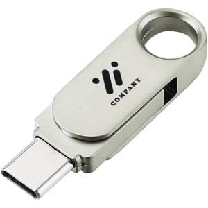 A silver Type-C flash drive with a swivel design and a logo on the surface.