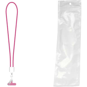 A pink lanyard with a charging connector, packaged in a clear plastic bag.
