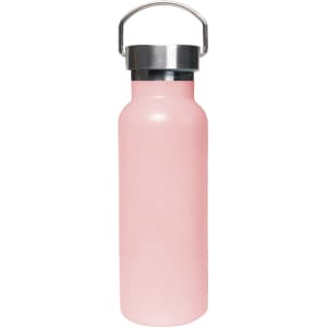 A drink bottle in a pink finish with a stainless steel lid and a handle. Features a logo.