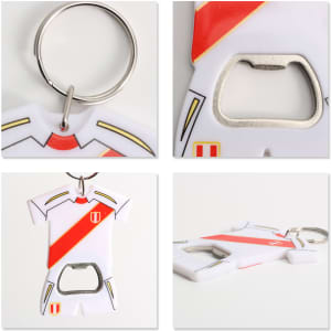 A drink bottle opener keyring shaped like a sport jersey, predominantly white with red and gold accents.