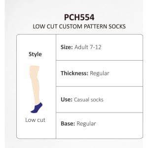 Low cut socks in various custom patterns and colours, suitable for adults sized 7-12. Regular thickness and style.